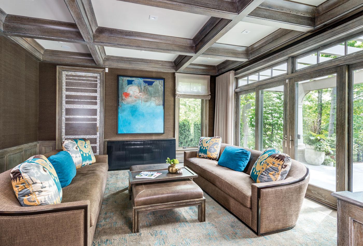 Family room with Far East and Asian 影响s in a high-end custom suburban Boston home.